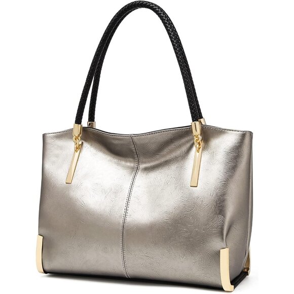Stylish Silver Vegan Leather Tote Bag with Multiple Compartments - Women's Purse
